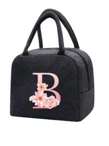 1 件隔热午餐袋 - 黑色帆布轻便便携式冷藏袋，带粉色花卉字母图案保温午餐盒手提袋，适用于学校办公室野餐露营和旅行；多功能食品储存袋可重复使用手提包，适合男孩女孩学生教师和专业人士，女士后印花午餐袋，学校午餐盒 - 黑色 - 查看 13