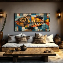 1 件现代抽象彩色鱼帆布艺术印刷品、现代墙壁艺术海报、房间装饰、客厅和卧室家居装饰、鲜艳色彩的几何鱼设计、客厅装饰 | 抽象鱼艺术 | 鲜艳的色彩艺术、鱼装饰、带框或无框