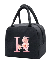 1 件隔热午餐袋 - 黑色帆布轻便便携式冷藏袋，带粉色花卉字母图案保温午餐盒手提袋，适用于学校办公室野餐露营和旅行；多功能食品储存袋可重复使用手提包，适合男孩女孩学生教师和专业人士，女士后印花午餐袋，学校午餐盒 - 黑色 - 查看 14