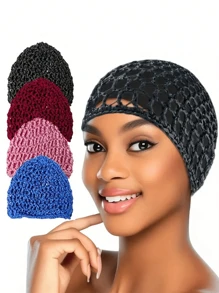 1pc Women's Soft Rayon Knitted Crochet Hair Net, Long & Short Curly Hair Cover (Black) - Black - View 2