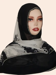 1pc Women's Fashion Patchwork Chiffon Printed Scarf, Contrast Color Casual Polyester Headscarf, Style Elegant Versatile Long Scarf, All Season