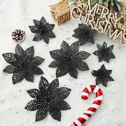 20/10/1pc Shiny Poinsettia Christmas Tree Ornaments With Clips, Winter Holiday Decor, Artificial Flowers, Suitable For Christmas/Holiday/Seasonal/Wedding/Party Background (Black) Home Decor Christmas Decorations Room Decor
