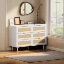 TYBOATLE Modern 6 Drawer Rattan Double Dresser With Gold Handles, Wood Storage Chest Of Drawers Fo Bedroom,Living Room,Hallway - White - View 4