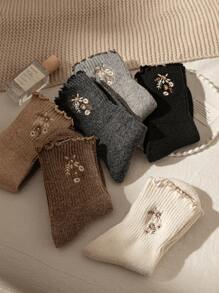 3pairs Warm Embroidered Floral Wool Socks (Black, Dark Grey, Khaki), Fall