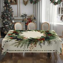 1pc Rectangular Tablecloth, Classic Red & Green Christmas Theme With Pine Branch & Berry Print, Suitable For Daily Family Gatherings, Living Room & Dining Room, Christmas Events, Durable Polyester Tablecloth, Stain Resistant