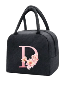 1 件隔热午餐袋 - 黑色帆布轻便便携式冷藏袋，带粉色花卉字母图案保温午餐盒手提袋，适用于学校办公室野餐露营和旅行；多功能食品储存袋可重复使用手提包，适合男孩女孩学生教师和专业人士，女士后印花午餐袋，学校午餐盒 - 黑色 - 查看 27
