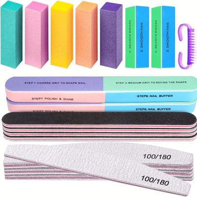 18Pcs Thick Nail File Nail Buffer Block For Gel Nails 100 180 Grit Finger Toenail Reusable Files Nail Sanding Coarse Buffing Block 7 Way Nail File & 4 Way Nail Smoother Buffer Block