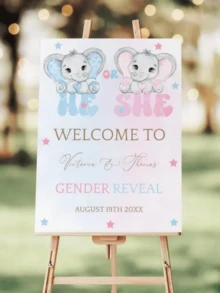 Personalized Name Elephant Gender Reveal Welcome Sign, Customizable Pastel Pink And Blue Baby Shower Poster, Baby Shower, Gender Reveal Poster - Multicolor - View 2