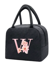1 件隔热午餐袋 - 黑色帆布轻便便携式冷藏袋，带粉色花卉字母图案保温午餐盒手提袋，适用于学校办公室野餐露营和旅行；多功能食品储存袋可重复使用手提包，适合男孩女孩学生教师和专业人士，女士后印花午餐袋，学校午餐盒 - 黑色 - 查看 33