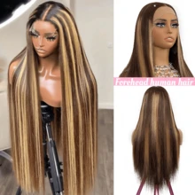 MECRY 真人发假发免胶 5x5 假发和 13x6 高清蕾丝前假发，巴西原生混合真人发前蕾丝，200% 密度长直混合真人发 - 13x4 预漂白结和自然发际线 - 无需胶水即可立即佩戴 - 多种尺寸，打造自然造型，适合女性婴儿头发 - S4/27 - 查看 2