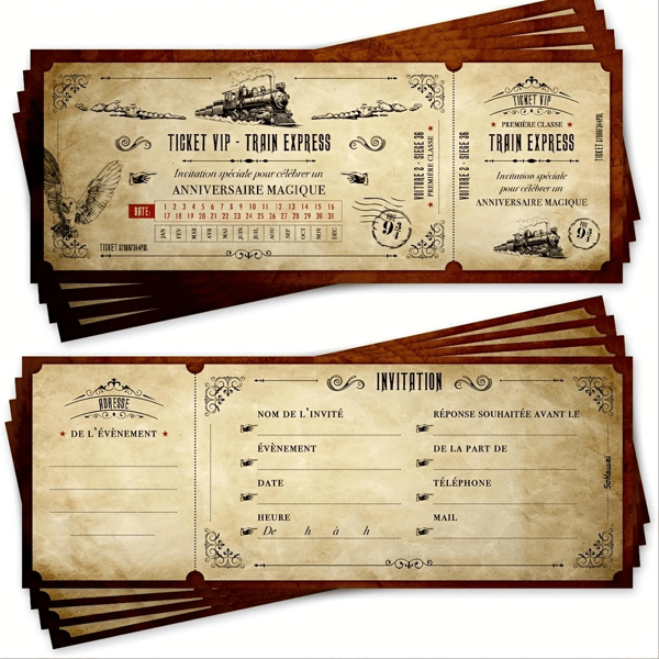 12pcs Vintage French Birthday Invitations, Wizard & Magic Themed, Ticket Format, Detachable Address, Halloween Train Party Invitation Cards, Holiday Party Cards, Blank Halloween Party Invitations, Halloween Party Event Supplies