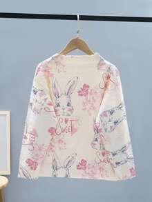 Clothing Runs Large, Order One Size Down. Cute Girls Rabbit & Floral Print Knit Sweater, Suitable For Outdoor/Holiday, Great Easter Gift For Young Girl -055 - Pink - View 3