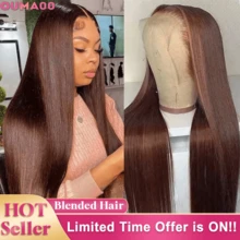 200% 密度巧克力棕色 13x4 长直发蕾丝前假发，人发混合，预拔婴儿头发，5x5 女士无胶假发，无胶蕾丝前闭合，可日常佩戴