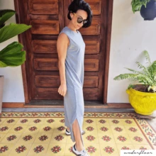 Women's Midi Cotton Dress With Ribbed Collar And One-Sided Slit – Casual Chic Style Comfortable Spring/Summer Simple Side Slit Evening Home Street Night Airport Clothes - 灰色 - 查看 7