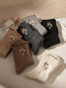 6 đôi tất len thêu hoa ấm áp (Trắng, Nâu nhạt, Xám nhạt, Đen, Xám đậm, Kaki), Tất mùa thu - Nhiều màu - Xem 4