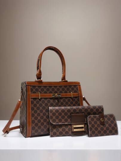 3pcs Multicolor Plaid PU Leather Handbag, Shoulder Bag And Zipper Bag Set, And Suitable For Middle-Aged Women's Daily Use, Large Capacity