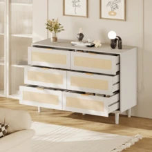 TYBOATLE Modern 6 Drawer Rattan Double Dresser With Gold Handles, Wood Storage Chest Of Drawers Fo Bedroom,Living Room,Hallway - White - View 6