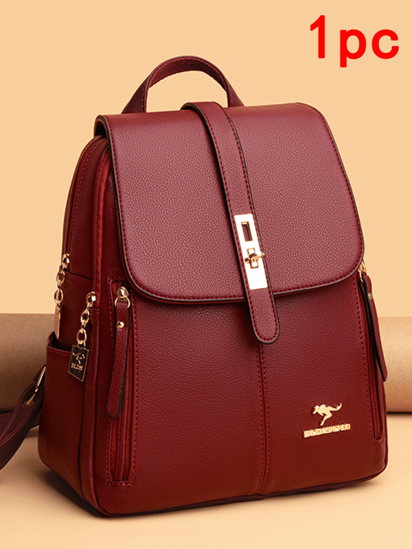 1pc, Versatile Fashion High Value Niche Design Simple Hand-Held Backpack, Solid Color Pu Fabric Metal Letter Decoration Adjustable Shoulder Strap Large Capacity Twist Lock Flip Backpack, Suitable For Women'S Daily Commuting And Going Out Shopping And Playing Occasions
