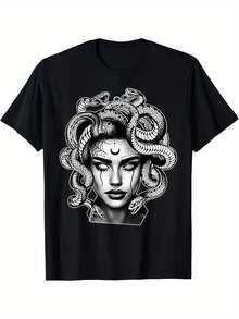 Tattooed Medusa Greek Mythology Blackwork T-Shirtselected Pure Cotton Fun Design DIY Pure Cotton, Rich Patterns, Soft And Breathable, Casual And Versatile Halloween Christmas, T-Shirt Couple Outfit, PLUS SIZE, L-5XL - 黑色 - 查看 1