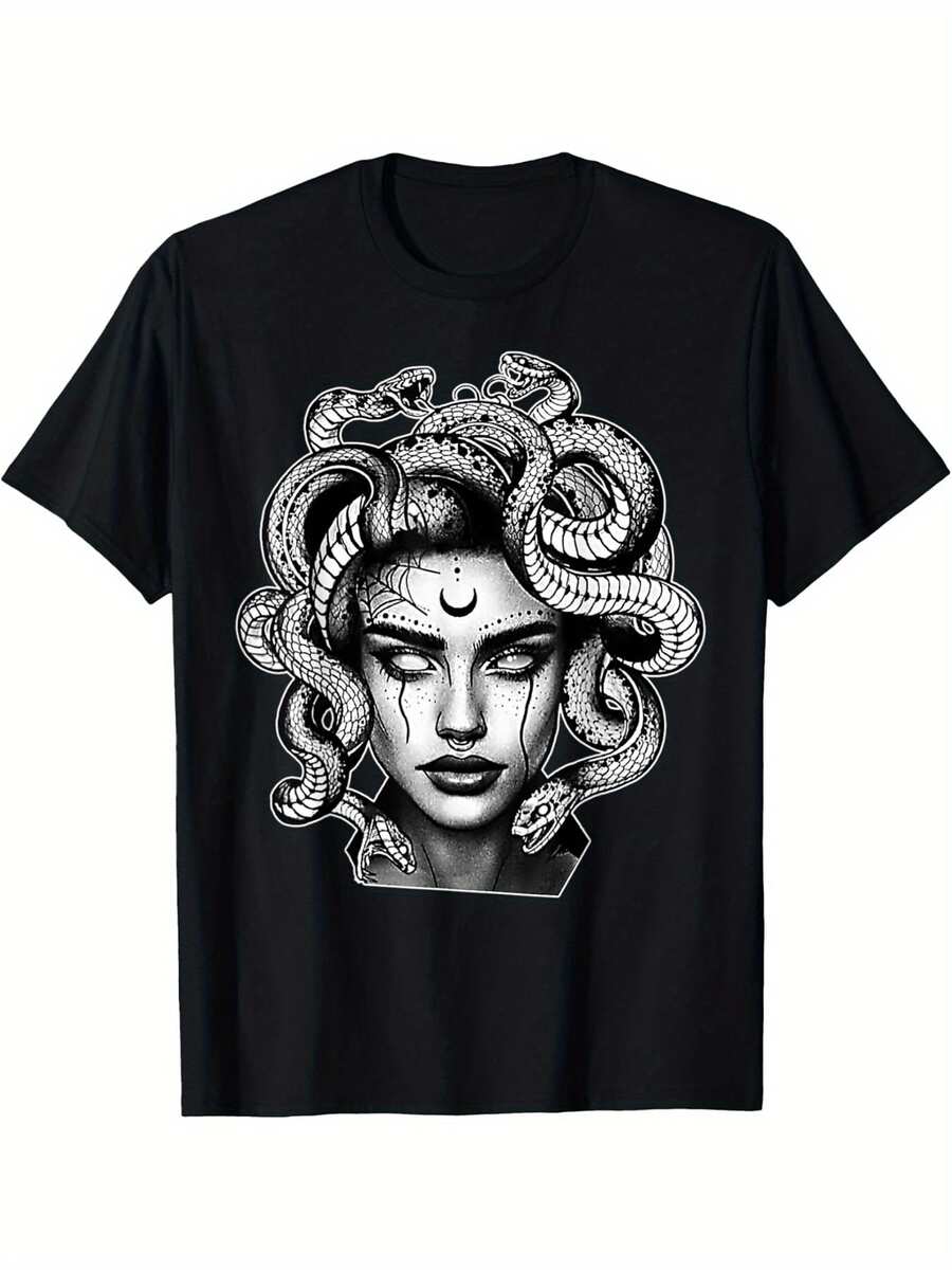 Tattooed Medusa Greek Mythology Blackwork T-Shirtselected Pure Cotton Fun Design DIY Pure Cotton, Rich Patterns, Soft And Breathable, Casual And Versatile Halloween Christmas, T-Shirt Couple Outfit, PLUS SIZE, L-5XL - 黑色 - 查看 1