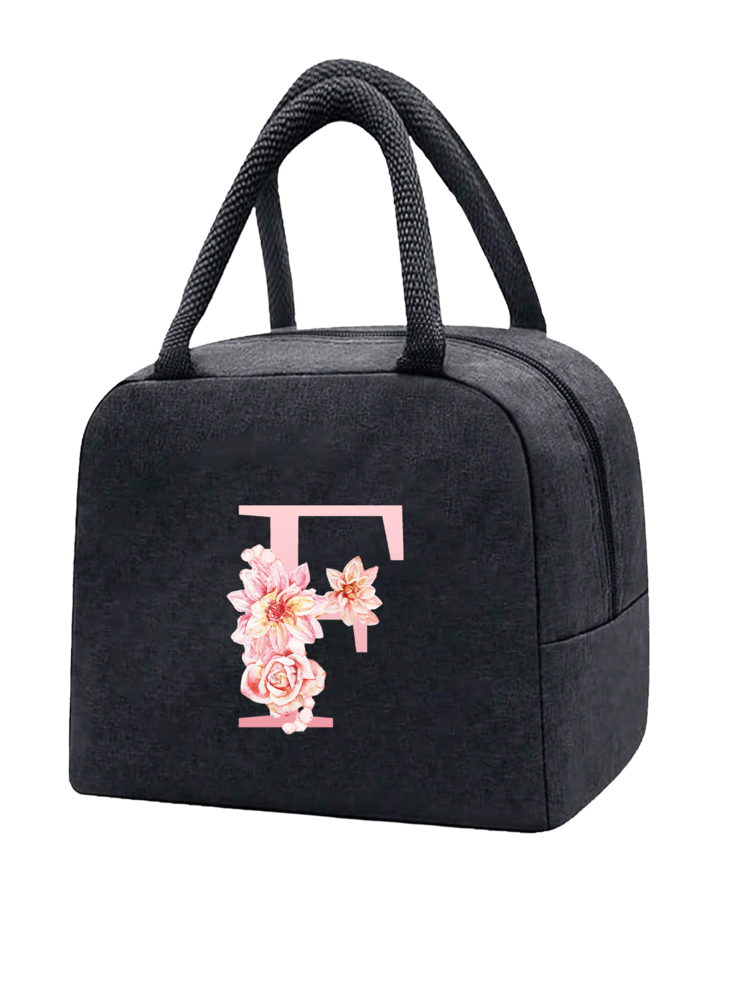 1 件隔热午餐袋 - 黑色帆布轻便便携式冷藏袋，带粉色花卉字母图案保温午餐盒手提袋，适用于学校办公室野餐露营和旅行；多功能食品储存袋可重复使用手提包，适合男孩女孩学生教师和专业人士，女士后印花午餐袋，学校午餐盒 - 黑色 - 查看 32