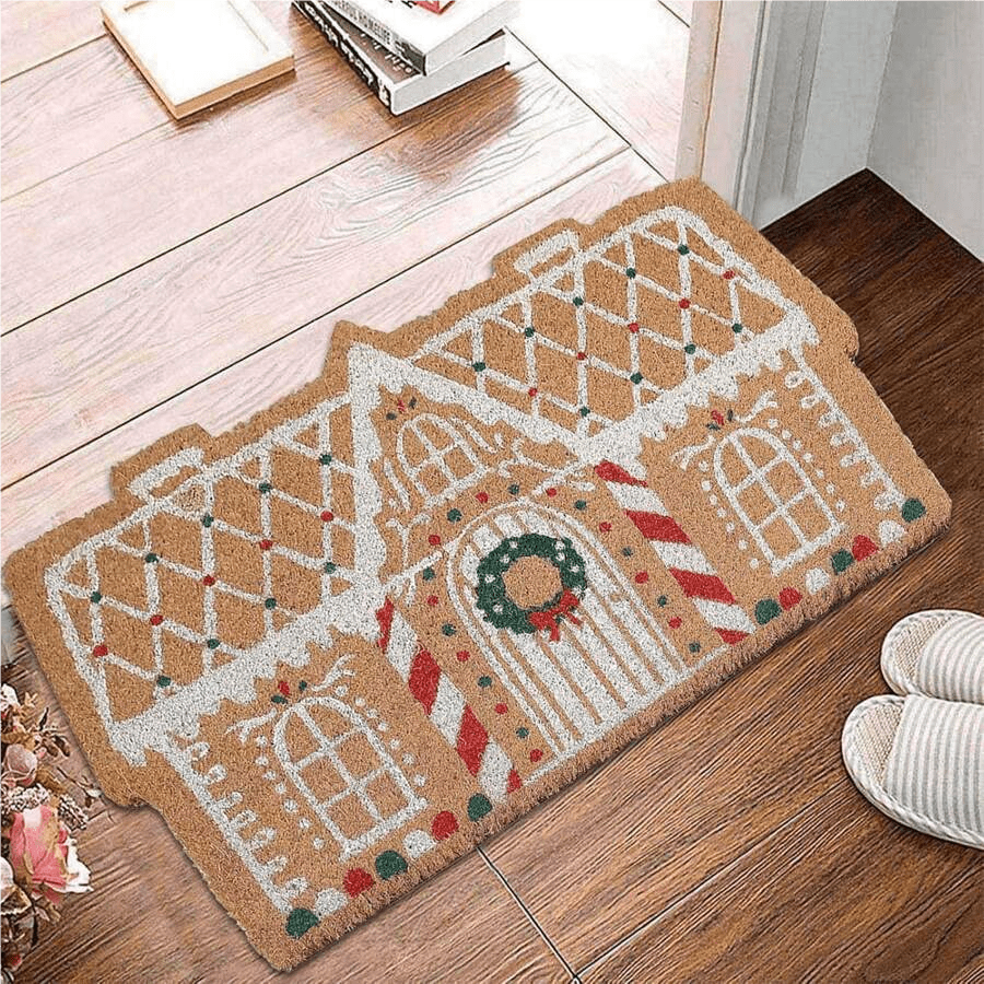 1 pieza 80 x 50 cm ¡Celebra la temporada con alfombras de Navidad alegres! Alfombra de entrada con estampado de renos y casa de jengibre - Alfombra decorativa antideslizante para hogares festivos.