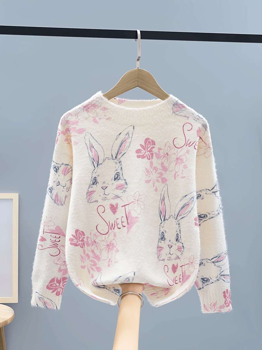 Clothing Runs Large, Order One Size Down. Cute Girls Rabbit & Floral Print Knit Sweater, Suitable For Outdoor/Holiday, Great Easter Gift For Young Girl -055