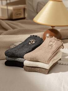 3pairs Warm Embroidered Floral Wool Socks (Black, Dark Grey, Khaki), Fall