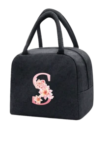 1 件隔热午餐袋 - 黑色帆布轻便便携式冷藏袋，带粉色花卉字母图案保温午餐盒手提袋，适用于学校办公室野餐露营和旅行；多功能食品储存袋可重复使用手提包，适合男孩女孩学生教师和专业人士，女士后印花午餐袋，学校午餐盒 - 黑色 - 查看 24