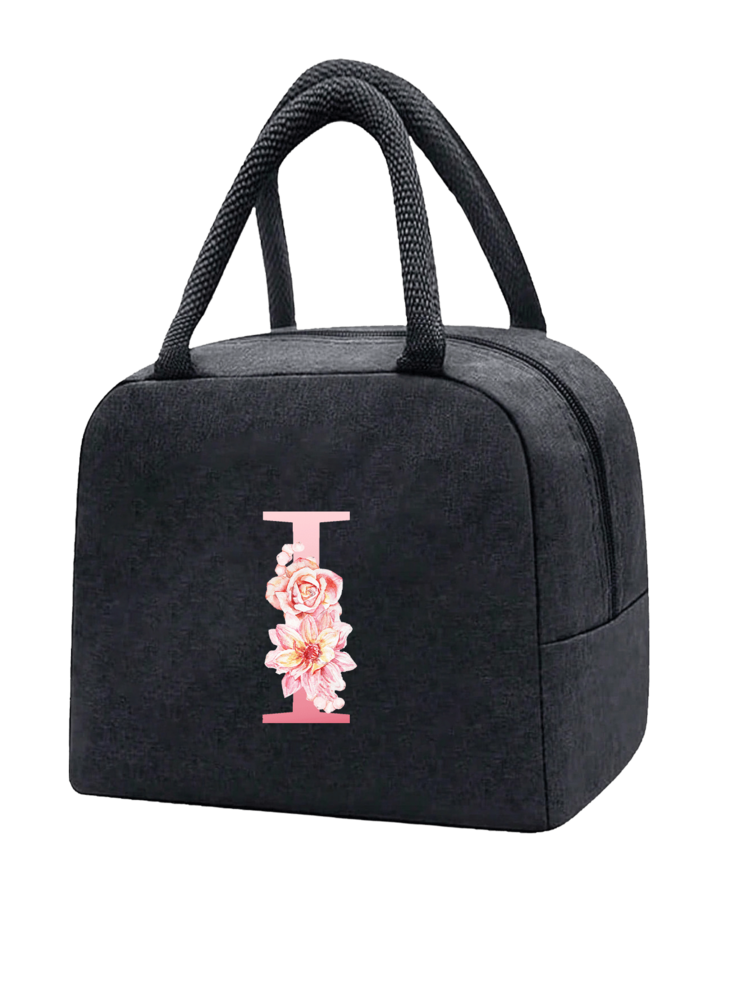 1 件隔热午餐袋 - 黑色帆布轻便便携式冷藏袋，带粉色花卉字母图案保温午餐盒手提袋，适用于学校办公室野餐露营和旅行；多功能食品储存袋可重复使用手提包，适合男孩女孩学生教师和专业人士，女士后印花午餐袋，学校午餐盒 - 黑色 - 查看 25