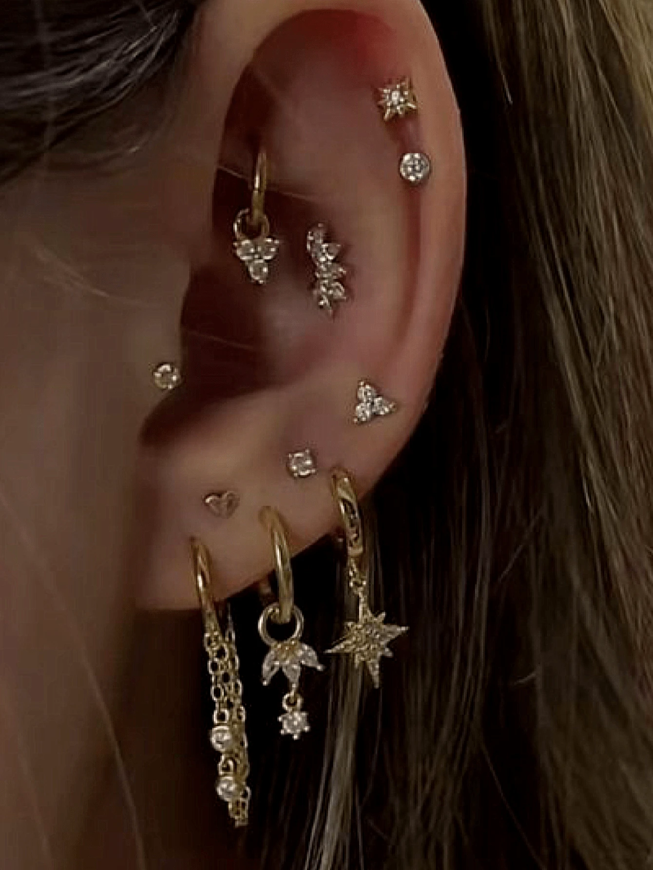 11 piezas Conjunto de aretes de cartílago multicapa con circonita cúbica brillante con colgante de estrella y corazón, joyería atractiva para fiestas para mujeres - Amarillo Oro - Ver 1