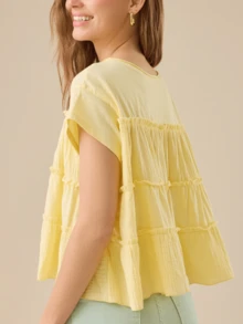 Women Y2k Solid Color Babydoll Blouse Pleated Ruffle Hem Flowy Crop Tops Loose Fit Short Sleeve Round Neck T Shirt Summer Going Out Tops Daily Casual Streetwear - 黃色 - 查看 2