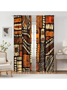 2pcs Bohemian Style Yellow Brown Geometric African Pattern Curtains - Rod Pocket Design, Privacy Protection, Easy Installation, Suitable For Bedroom, Living Room, Bathroom And Other Daily Decor, Machine Washable - Multicolor - View 2