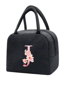 1 件隔热午餐袋 - 黑色帆布轻便便携式冷藏袋，带粉色花卉字母图案保温午餐盒手提袋，适用于学校办公室野餐露营和旅行；多功能食品储存袋可重复使用手提包，适合男孩女孩学生教师和专业人士，女士后印花午餐袋，学校午餐盒 - 黑色 - 查看 16