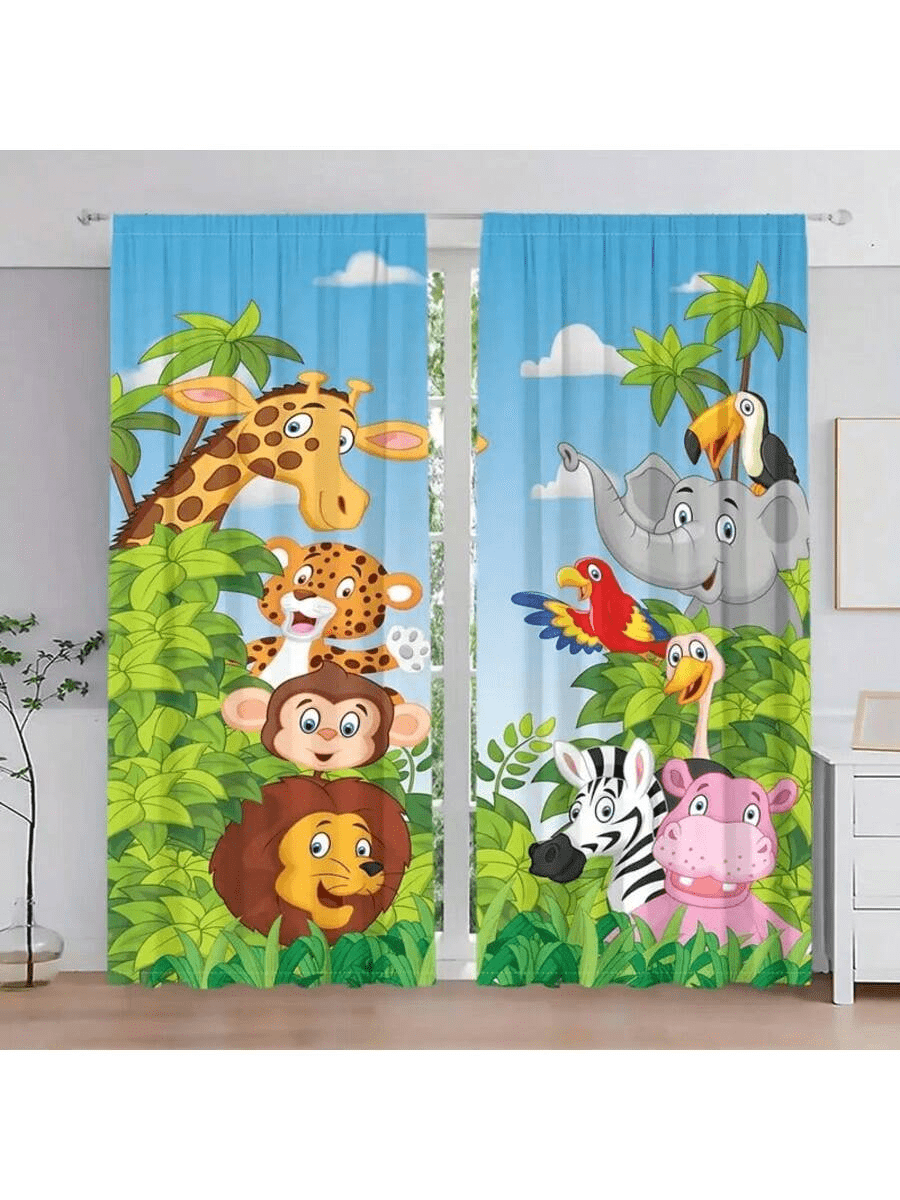 2 Packs Jungle Animal Blackout Curtains - Rod Pocket Polyester Woven Curtains For Bedroom & Various Rooms - Cartoon Safari Zoo Theme - Machine Washable - Contemporary Style - Multicolor - View 19