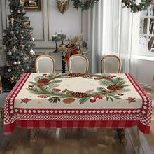 1pc Rectangular Tablecloth, Classic Red & Green Christmas Theme With Pine Branch & Berry Print, Suitable For Daily Family Gatherings, Living Room & Dining Room, Christmas Events, Durable Polyester Tablecloth, Stain Resistant