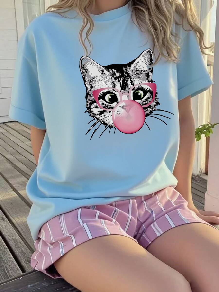 Tween Girl Casual Graphic Print Crew Neck Short Sleeve T-Shirt, Summer Top - Baby Blue - View 1