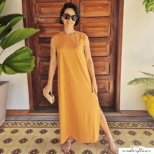 Women's Midi Cotton Dress With Ribbed Collar And One-Sided Slit – Casual Chic Style Comfortable Spring/Summer Simple Side Slit Evening Home Street Night Airport Clothes - 駝色 - 查看 2