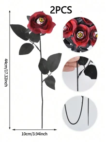 2PCS/5PCS/10PCS 玫瑰人造花人造血玫瑰和眼睛花束仿真单枝长茎假丝玫瑰束适合派对、家庭、万圣节 DIY 装饰 - 萬聖紅玫瑰黃眼 - 查看 8