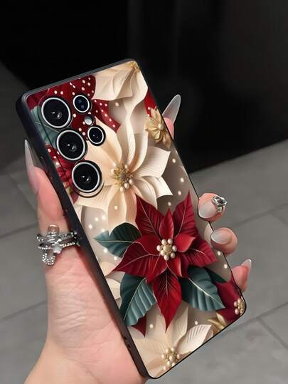 1pc Fashionable Floral Print Anti-Drop Anti-Slip Black Phone Case Protective Cover Compatible With IPhone, Honor, Redmi, Galaxy A04e/A05s/A13/A14/A15/A34/A35/A50/A52/A53/A54/S21/S22/S23/S24/S25/S25Ultra, 6A/7A/8A, 12T/13T/14T