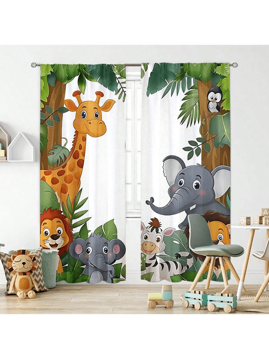 2 Packs Jungle Animal Blackout Curtains - Rod Pocket Polyester Woven Curtains For Bedroom & Various Rooms - Cartoon Safari Zoo Theme - Machine Washable - Contemporary Style