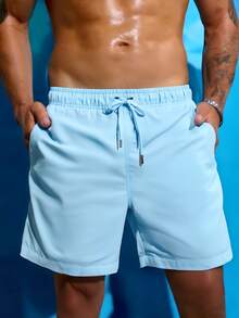 Men's Swim Trunks Solid Color Fashion Casual Quick Dry Swim Shorts With Pockets & Mesh Lining Beach Shorts For Beach Summer Holiday Swimming Surfing - Màu xanh nhạt - Xem 1