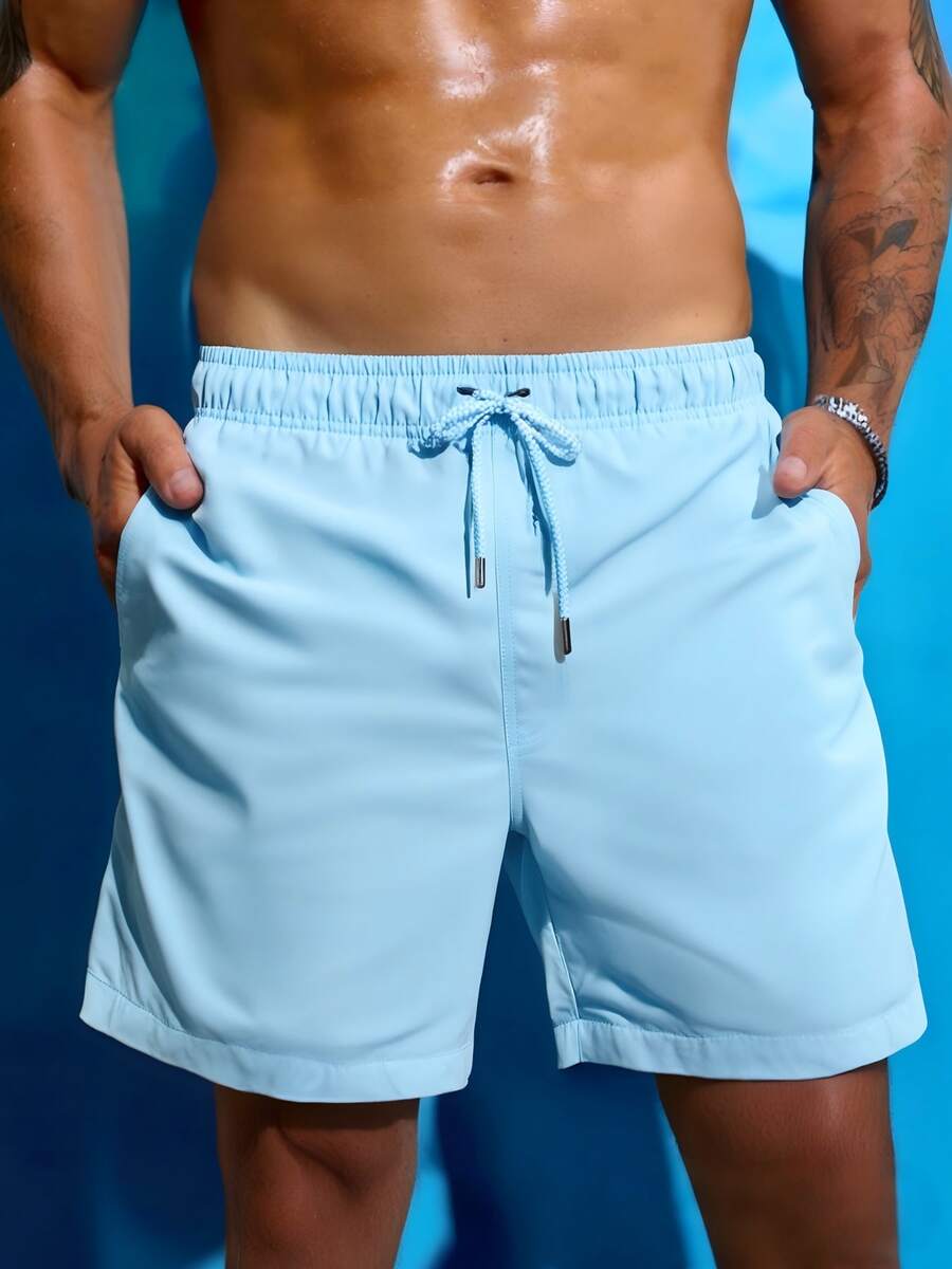 Men's Swim Trunks Solid Color Fashion Casual Quick Dry Swim Shorts With Pockets & Mesh Lining Beach Shorts For Beach Summer Holiday Swimming Surfing - Màu xanh nhạt - Xem 1