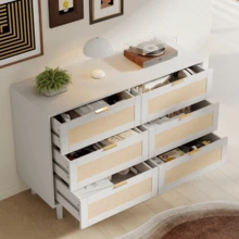 TYBOATLE Modern 6 Drawer Rattan Double Dresser With Gold Handles, Wood Storage Chest Of Drawers Fo Bedroom,Living Room,Hallway - White - View 7