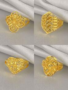 女士复古浮雕戒指，小众设计三叶草、心形、叶形镂空戒指，18K镀金，奢华中东复古珠宝，日常百搭魅力礼物 - 金色 - 查看 17