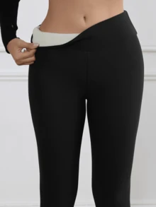 3条装女士保暖加厚高腰紧身裤，户外修身打底裤，日常穿着，纯色，抓绒，冬季 - 彩色 - 查看 8