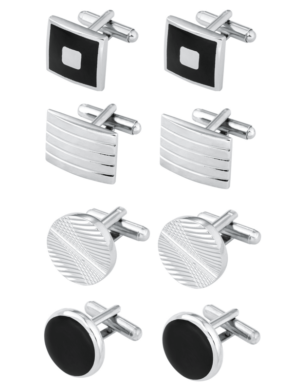 1/4Pairs Cufflinks For Men Classic Tone Cuff Links Silver Black Striped Disc Square Rectangle Cuff Links Shirt Suit Men's Cufflinks For Wedding Groom Business & Father Elegant Gift Halloween Accessories Teachers Day