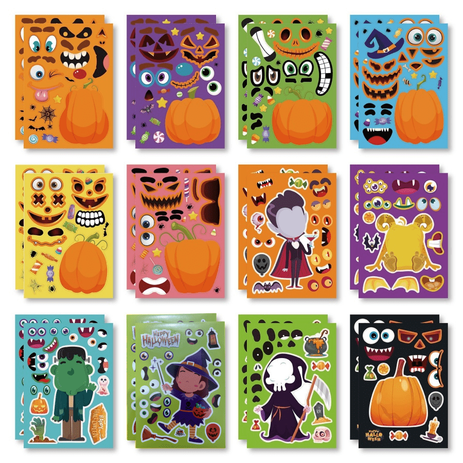 12/24/36pcs Halloween Kids Stickers, Can Create Various Halloween Character Expressions, Suitable For Halloween Kids Party, Crafts, Games And Activities