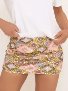 Womens Y2k  Sparkle Sequins Mini Skirts Mid Rise Shiny Glitter Short Skirts Summer  Retro Grunge Skinny Skirts  Casual Going Out Shiny Glitter Skirts Party Club Daily Streetwear Clubwear - 粉色 - 查看 3