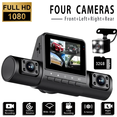 1080P高清4通道行车记录仪，具备夜视、广角拍摄、重力感应器和移动侦测功能，支持32GB存储卡（需另购）。